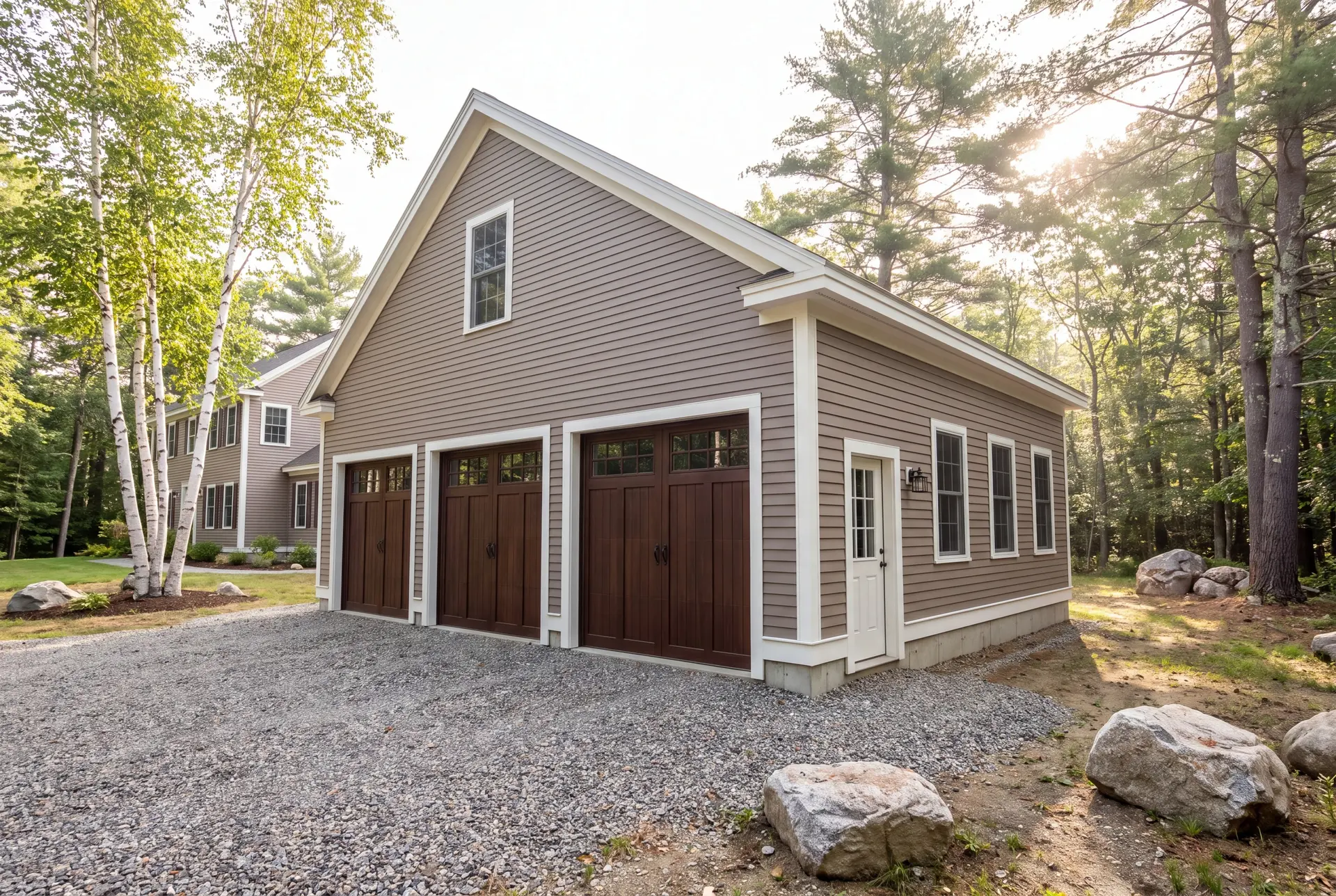Illustration: A newly constructed three-bay garage with taupe siding and dark brown doors, situated next to a house with a gravel driveway and surrounded by trees and rocks