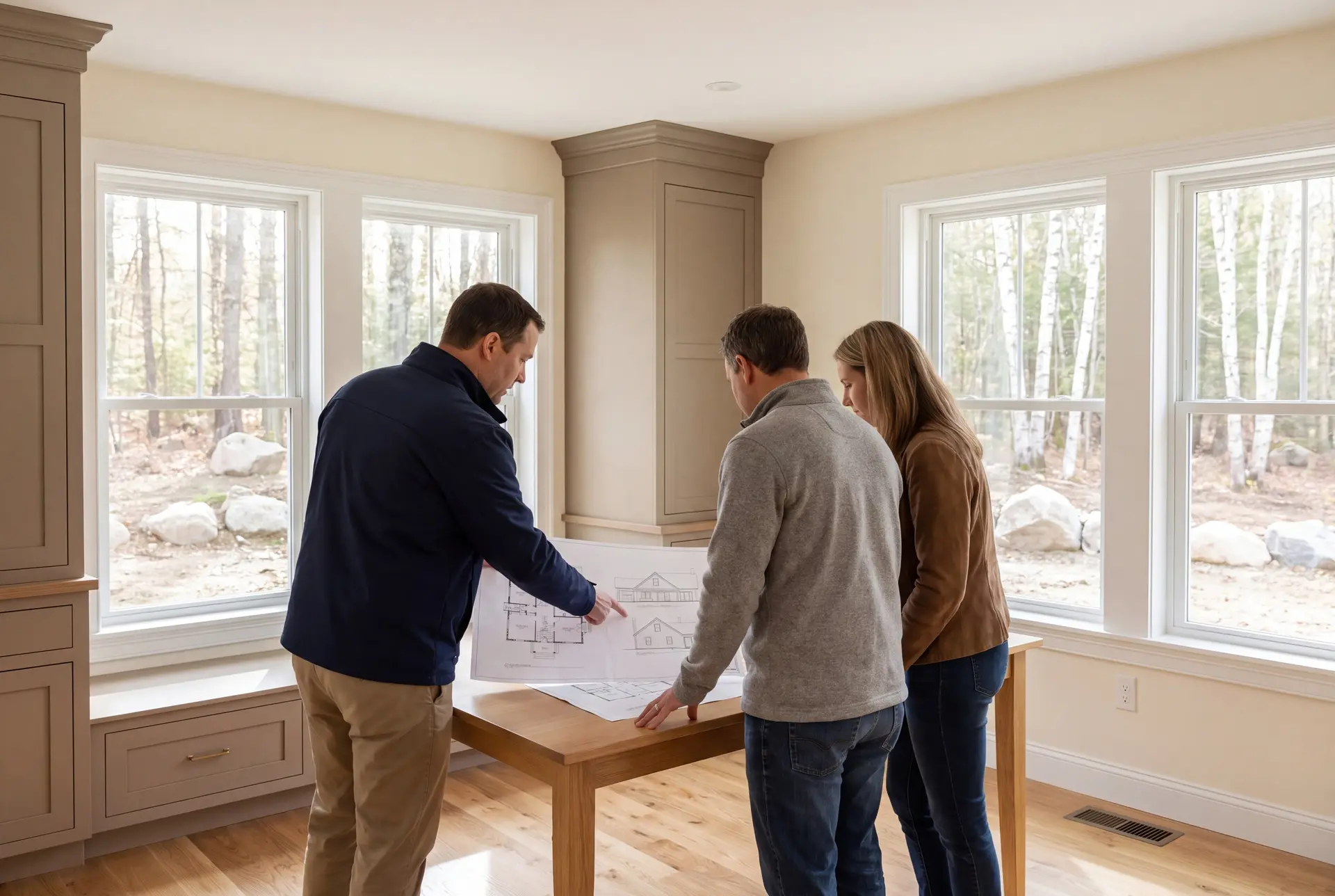 Illustration: Three people, a builder and two homeowners, reviewing architectural drawings on a table in a finished living room