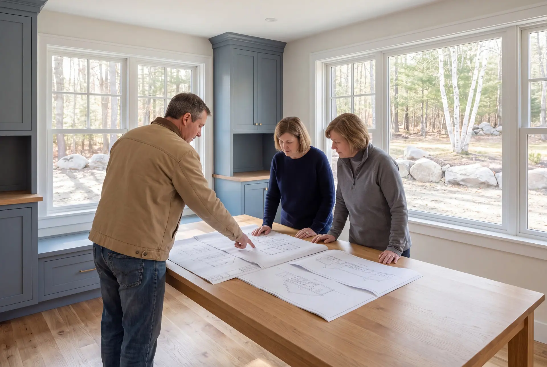 Illustration: Three people, a man and two women, reviewing architectural drawings on a wooden table in a bright room with blue-gray cabinets and large windows