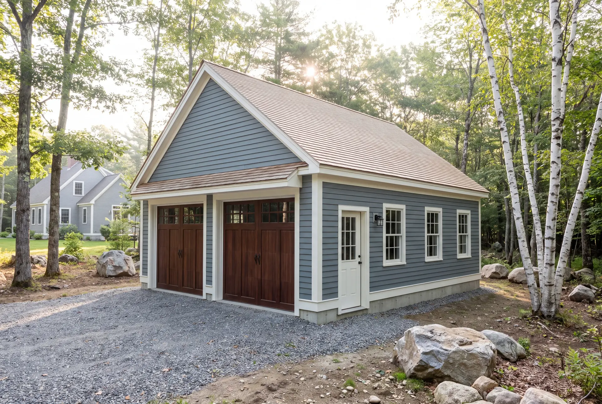 Illustration: A newly built two-bay garage with blue-gray siding and a gravel driveway, set among trees with a house in the background