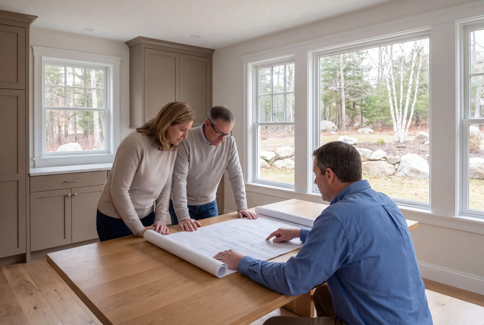 Illustration: Three people, two standing and one seated, are looking at blueprints spread out on a wooden table in a modern living room with large windows