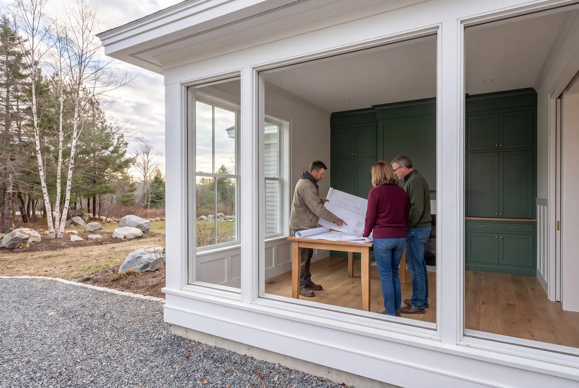 Illustration: Three adults, a builder and two homeowners, review floor plans on an oak table in a finished living room with green cabinetry and oak floors, viewed from outside through large windows