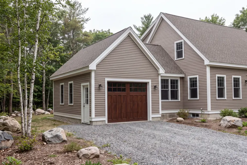 garage builder in Old Orchard Beach, ME: illustrative scene, A newly built, single-bay garage with warm taupe siding and a dark brown carriage-style door, attached to a matching house, with a gravel driveway and trees in the background