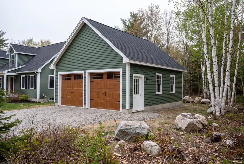 Illustration: A newly built, detached two-bay garage with green siding and brown doors next to a house, with a gravel driveway and birch trees