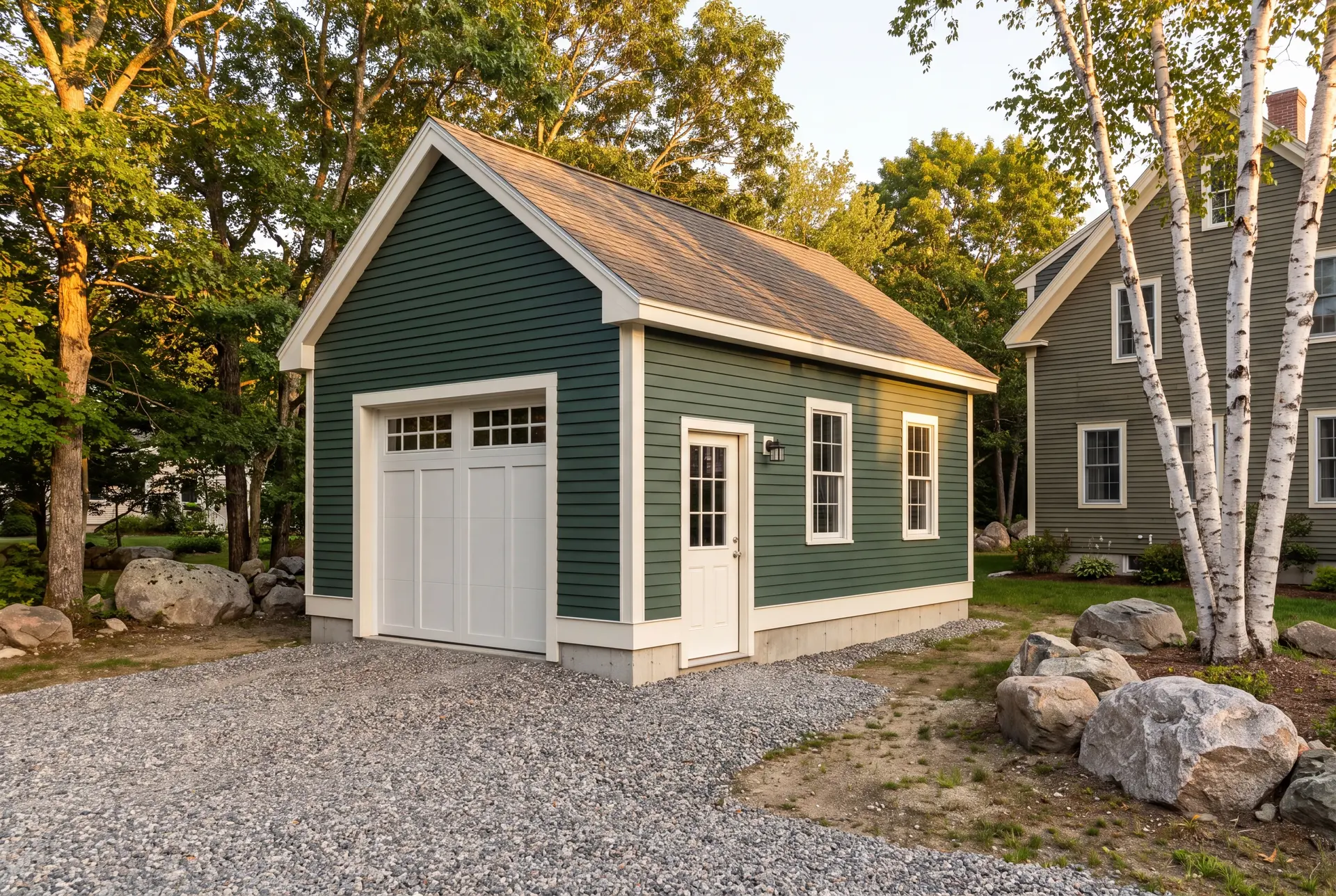 Illustration: A newly built, detached green garage with a white garage door and service door, next to a house and trees