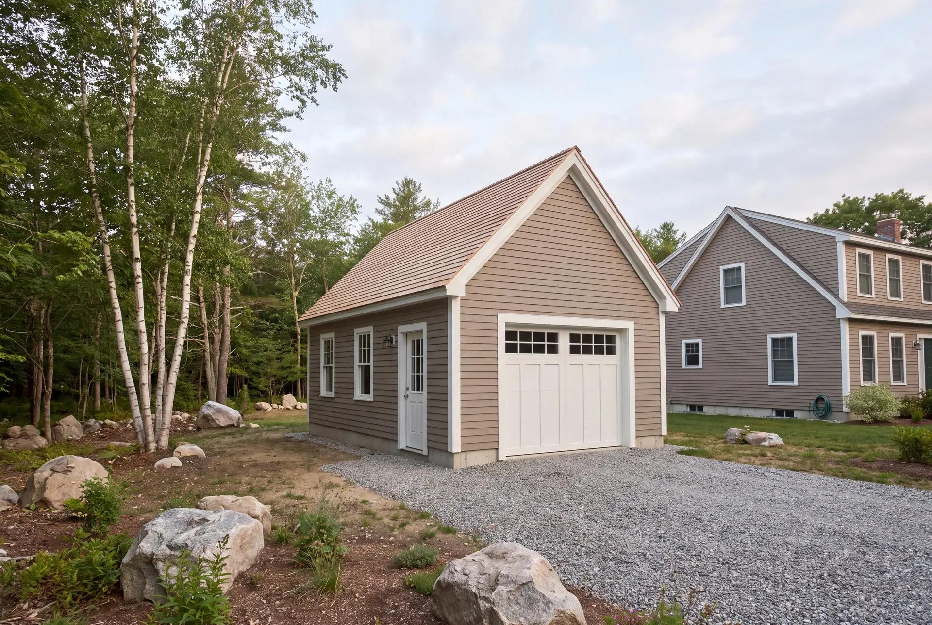 Illustration: A newly built, single-bay residential garage with taupe siding and a light brown roof, next to a house, with a gravel driveway and natural landscaping
