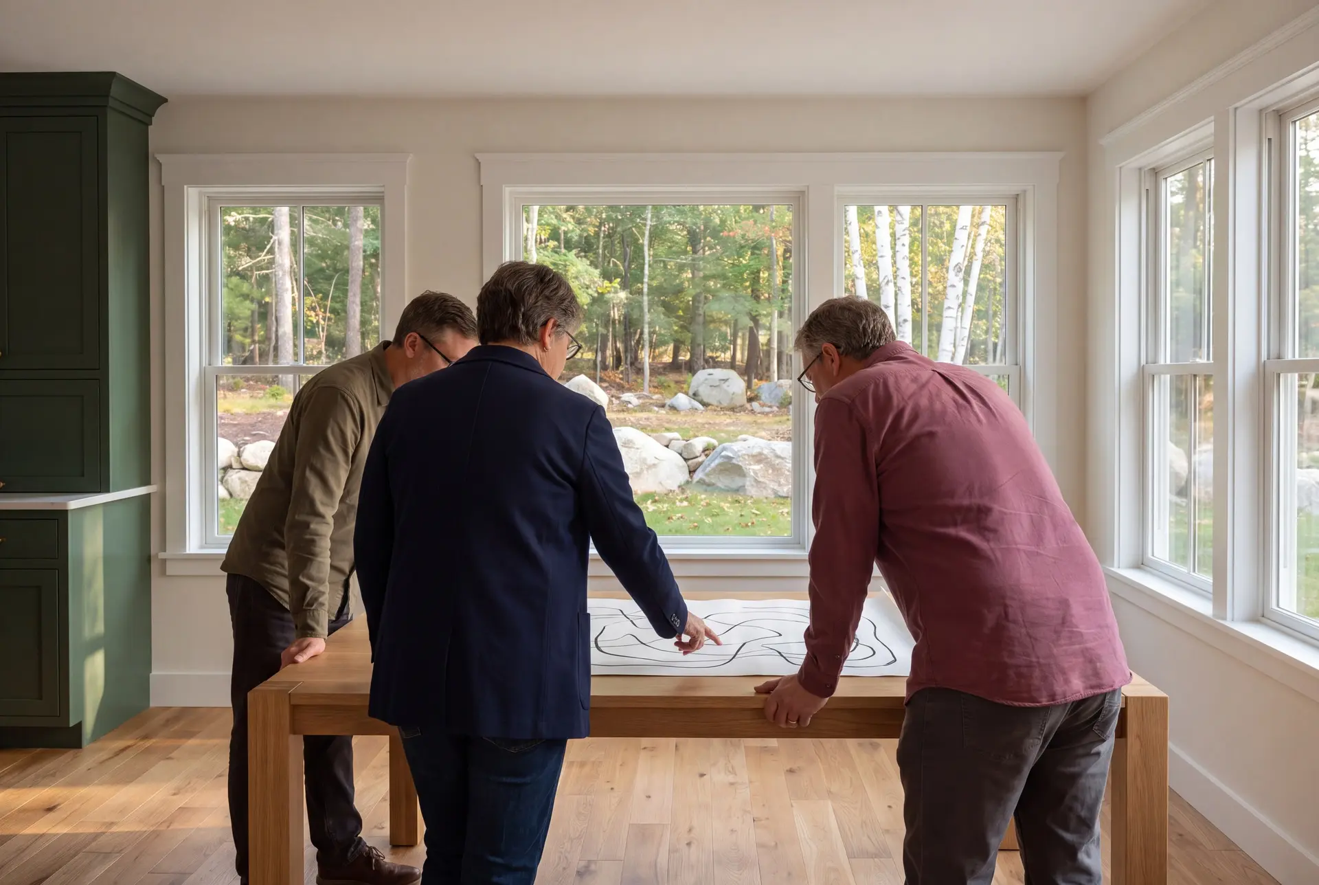 Illustration: Three people reviewing abstract drawings on a table in a living room with green cabinets, oak floors, and large windows overlooking a forest