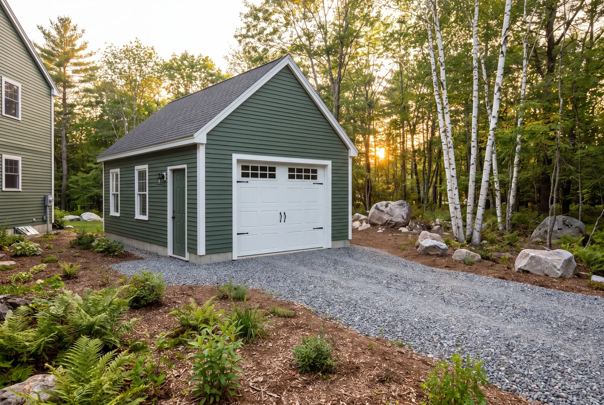Illustration: A newly built green garage with a white garage door and gravel driveway next to a house, surrounded by trees and landscaping at sunset