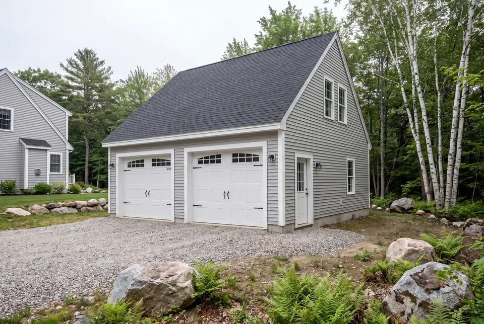 Illustration: A newly built light gray two-car garage with a dark roof and gravel driveway, next to a house and surrounded by trees and rocks