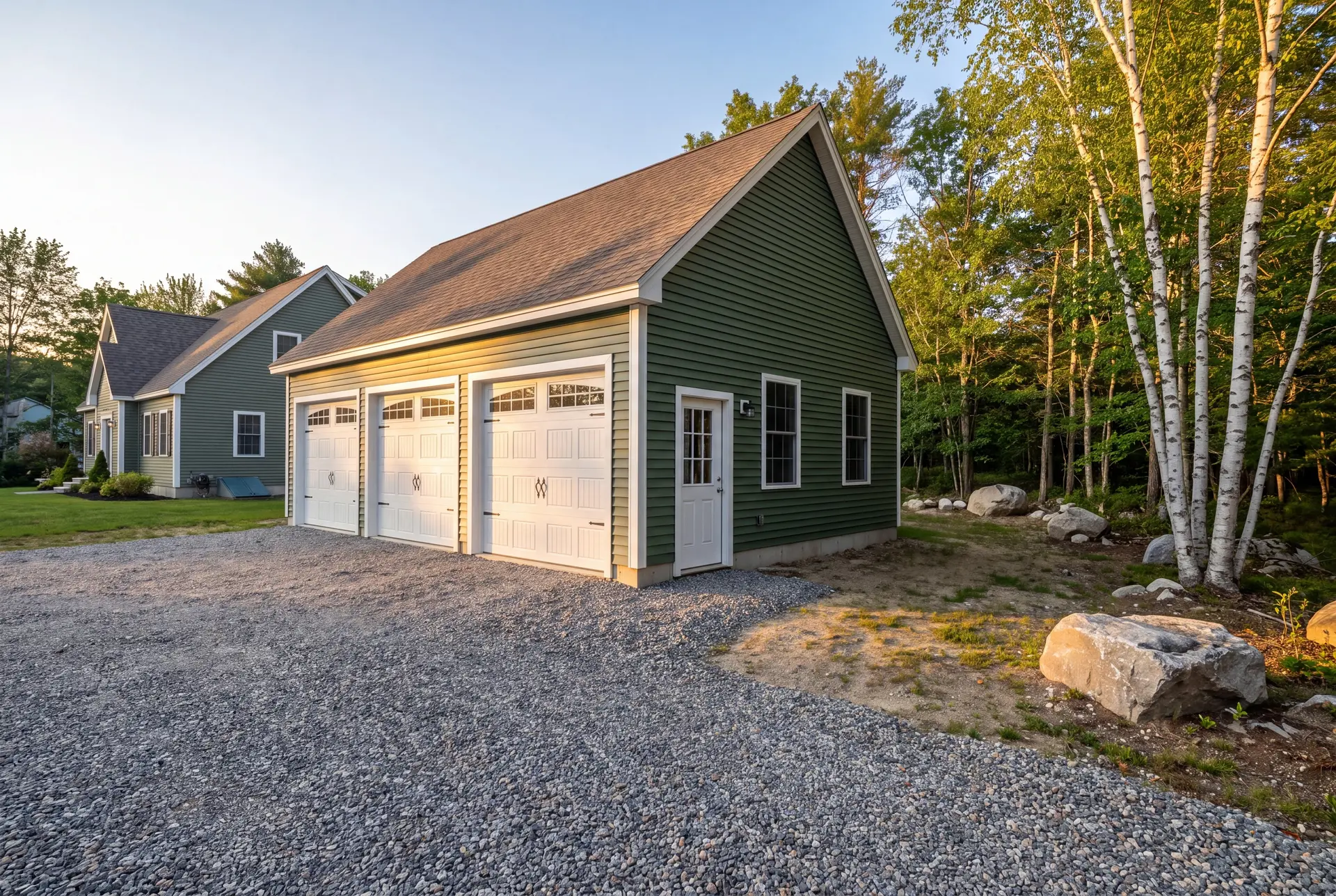 Illustration: A newly built, detached three-bay garage with green siding and white doors, next to a house, with a gravel driveway and trees