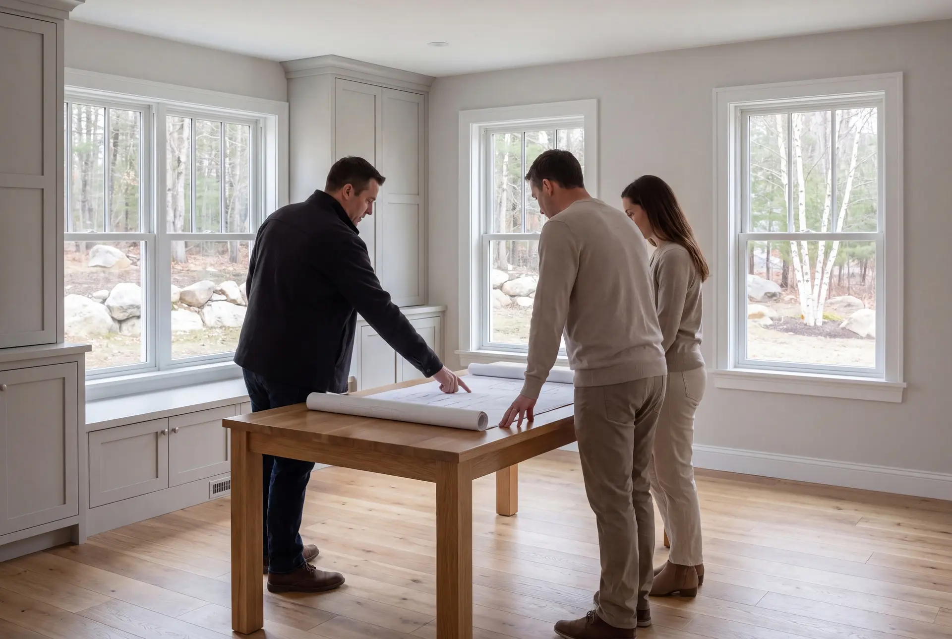 Illustration: Three people, a builder and two homeowners, reviewing architectural drawings on a table in a finished living room