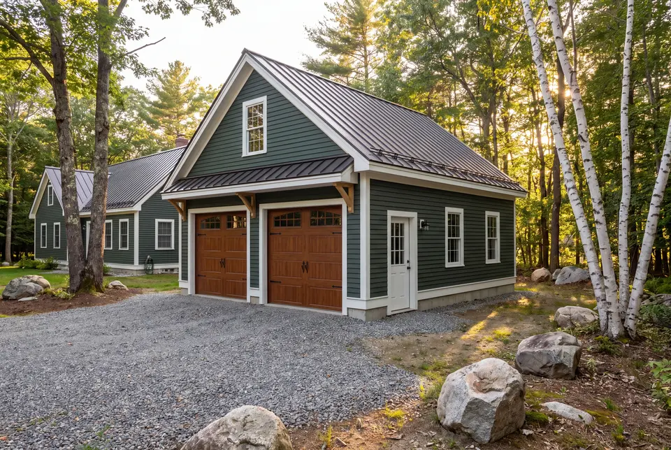garage builder in Saco, ME: illustrative scene, A newly built, dark green detached two-bay garage with brown carriage doors and a gravel driveway, set in a wooded area next to a matching house