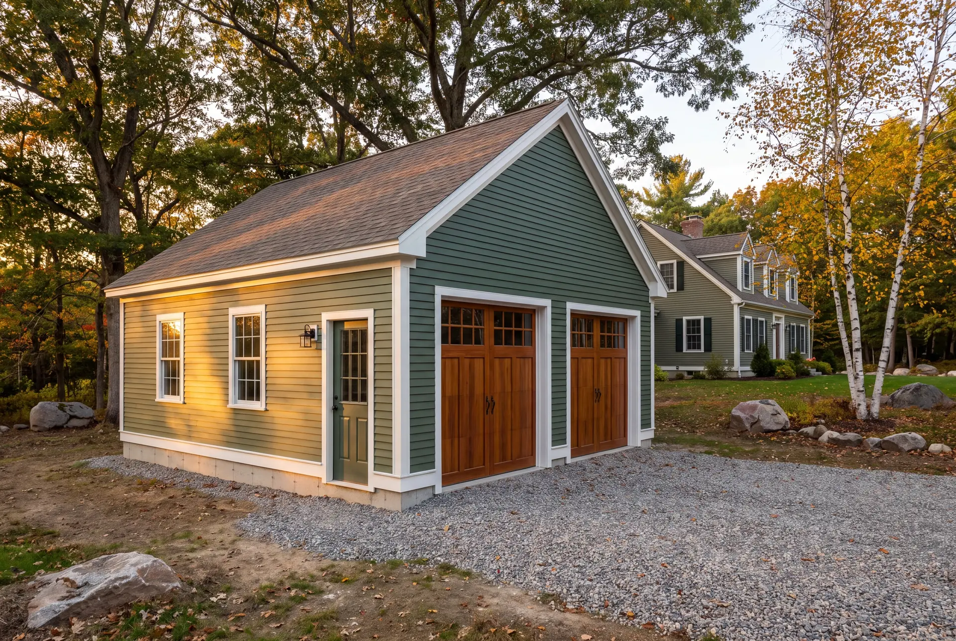 Illustration: A newly built, detached two-bay garage with forest green siding and wooden doors, next to a house with a gravel driveway and autumn trees