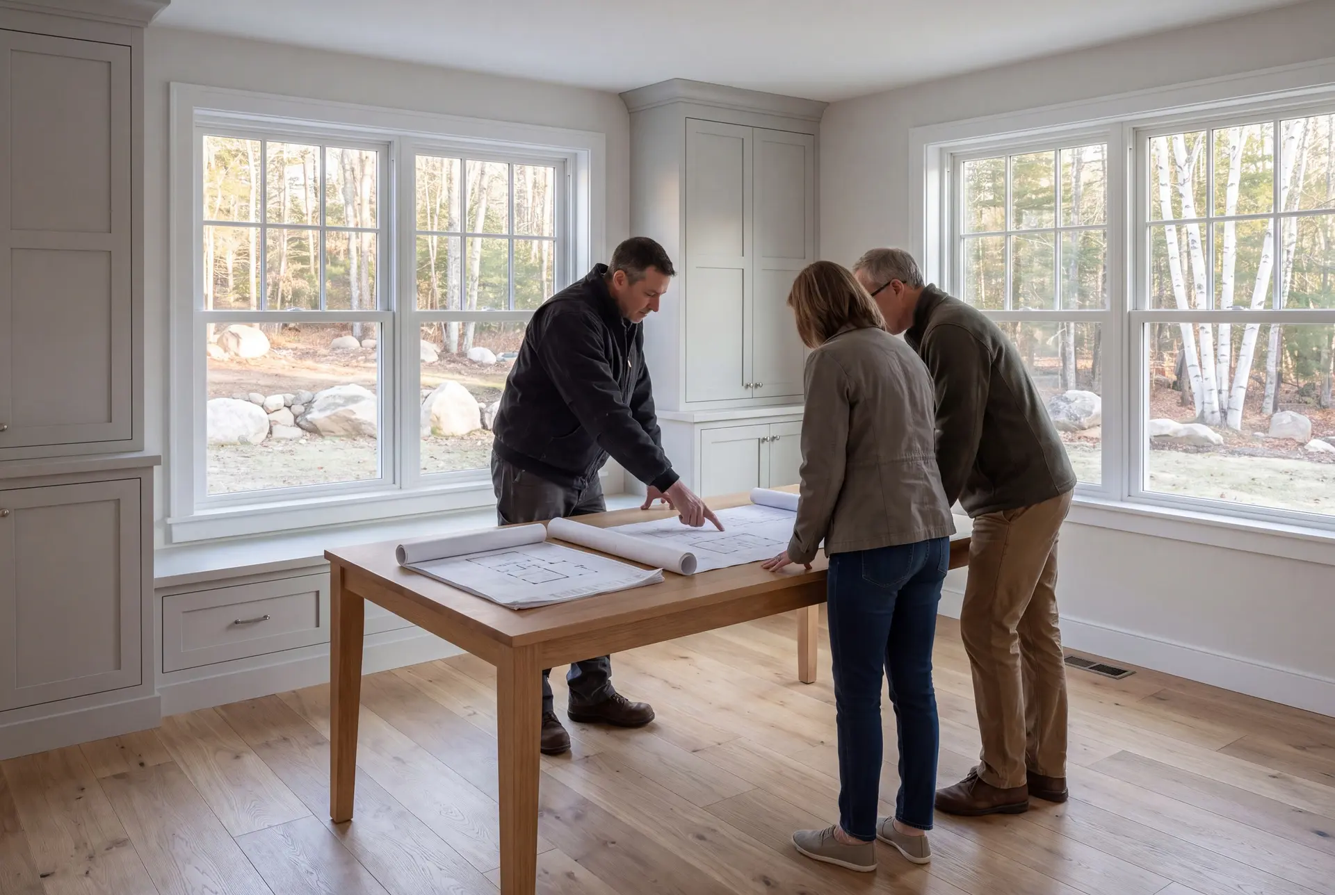Illustration: Three people, a builder and two homeowners, reviewing architectural plans on a table in a finished living room with oak floors and gray cabinetry