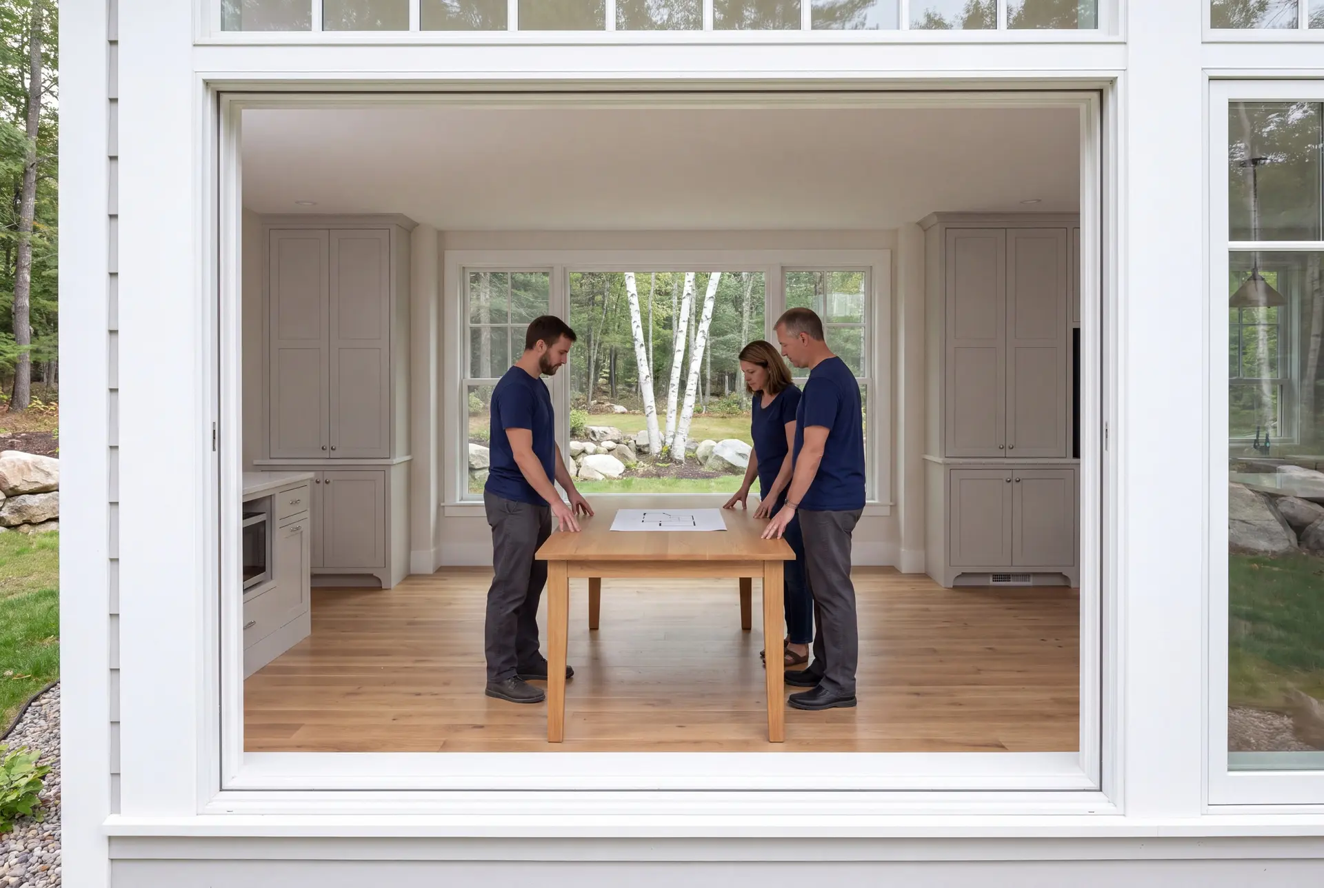 Illustration: Three people in navy shirts and dark pants stand around a wooden table, looking at a blueprint in a room with light wood floors and gray cabinets, seen through a large window