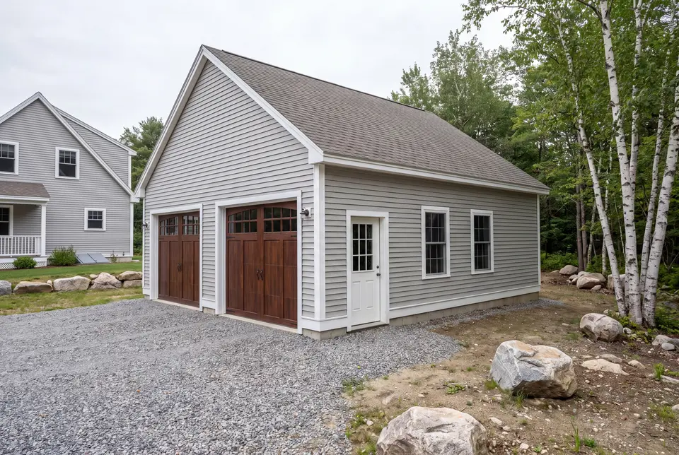 Illustration: A newly built, light gray clapboard garage with two dark brown carriage-style doors and a white service door, next to a house