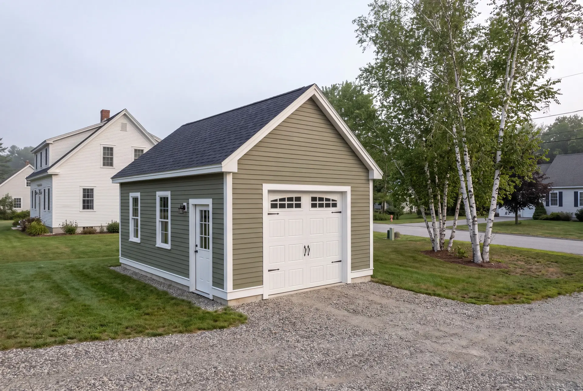 Illustration: A newly built, detached olive green garage with a white garage door and service door, situated on a gravel driveway next to a white house and green lawn