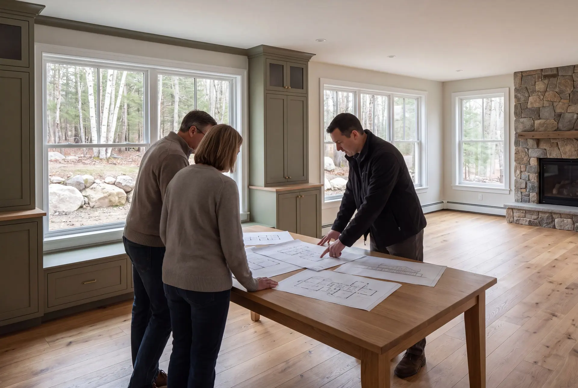 Illustration: Three people, a builder and two homeowners, reviewing architectural drawings on a table in a finished living room with oak floors, olive cabinetry, and a stone fireplace