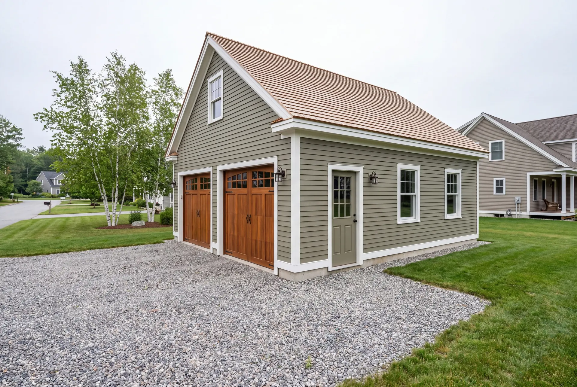 Illustration: A newly built, detached two-bay garage with dusty olive siding and a light brown shingle roof, featuring two wooden carriage-style garage doors and a gravel driveway