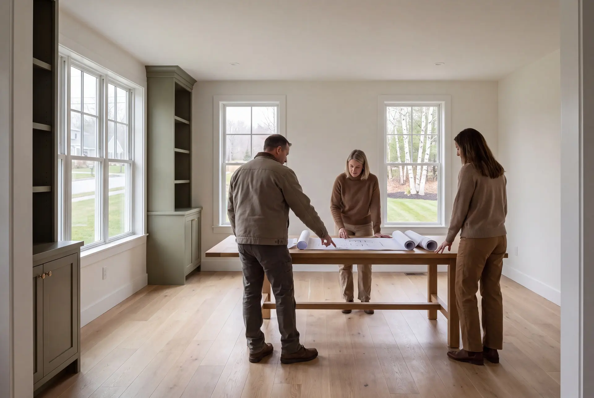 Illustration: Three people, a man and two women, stand around a wooden table in a bright room, looking at architectural drawings