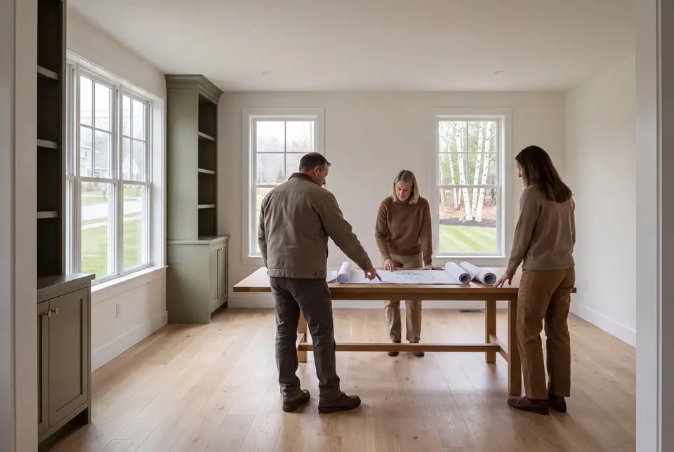 Illustration: Three people, a man and two women, stand around a wooden table in a bright room, looking at architectural drawings