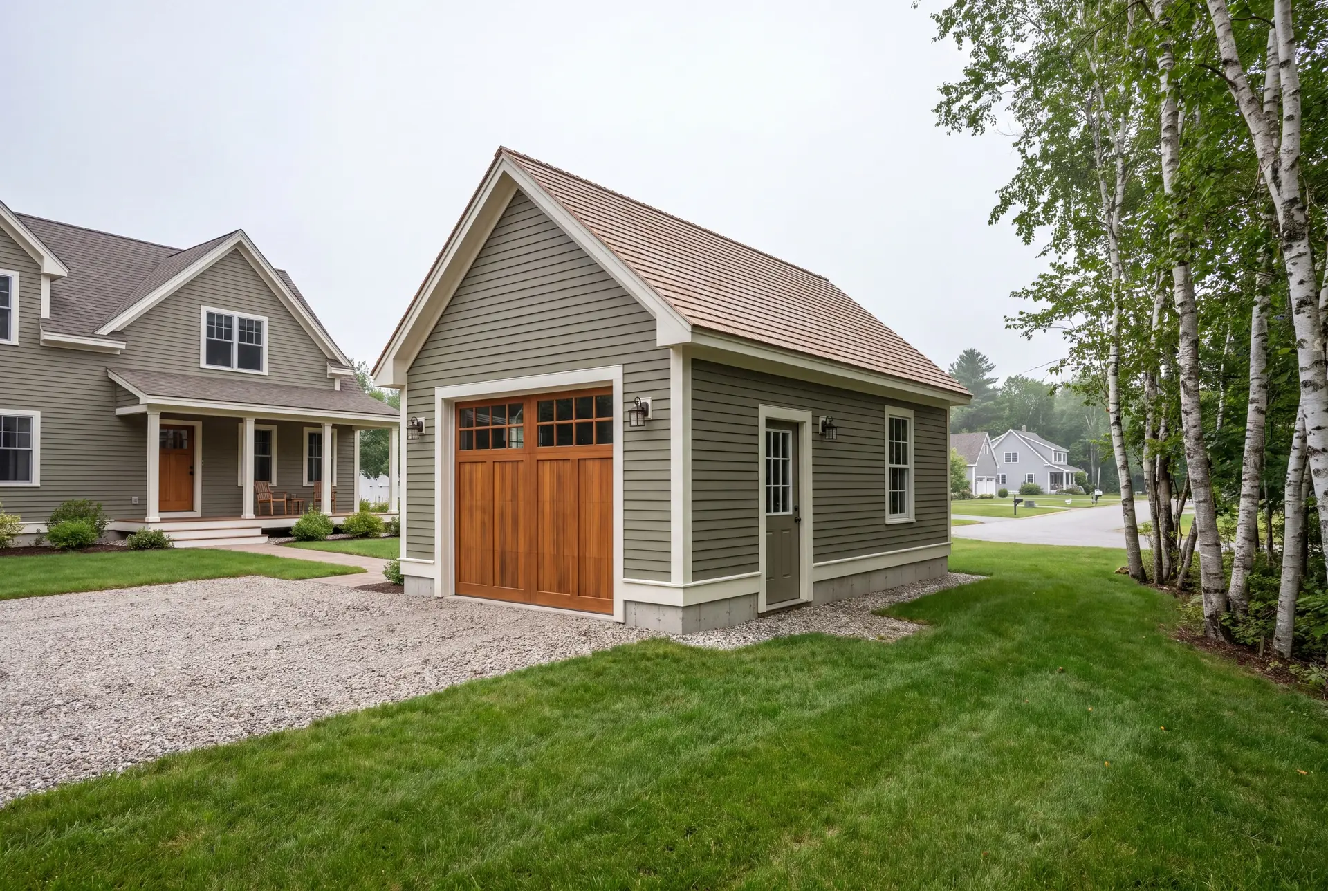 Illustration: A newly built detached single-bay garage with olive siding and a wood carriage door, next to a house and a gravel driveway
