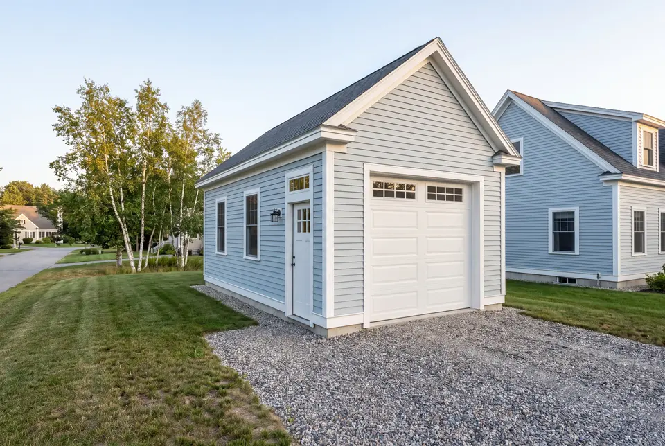 Illustration: A newly built light blue garage with a white garage door and a gravel driveway, situated next to a matching house