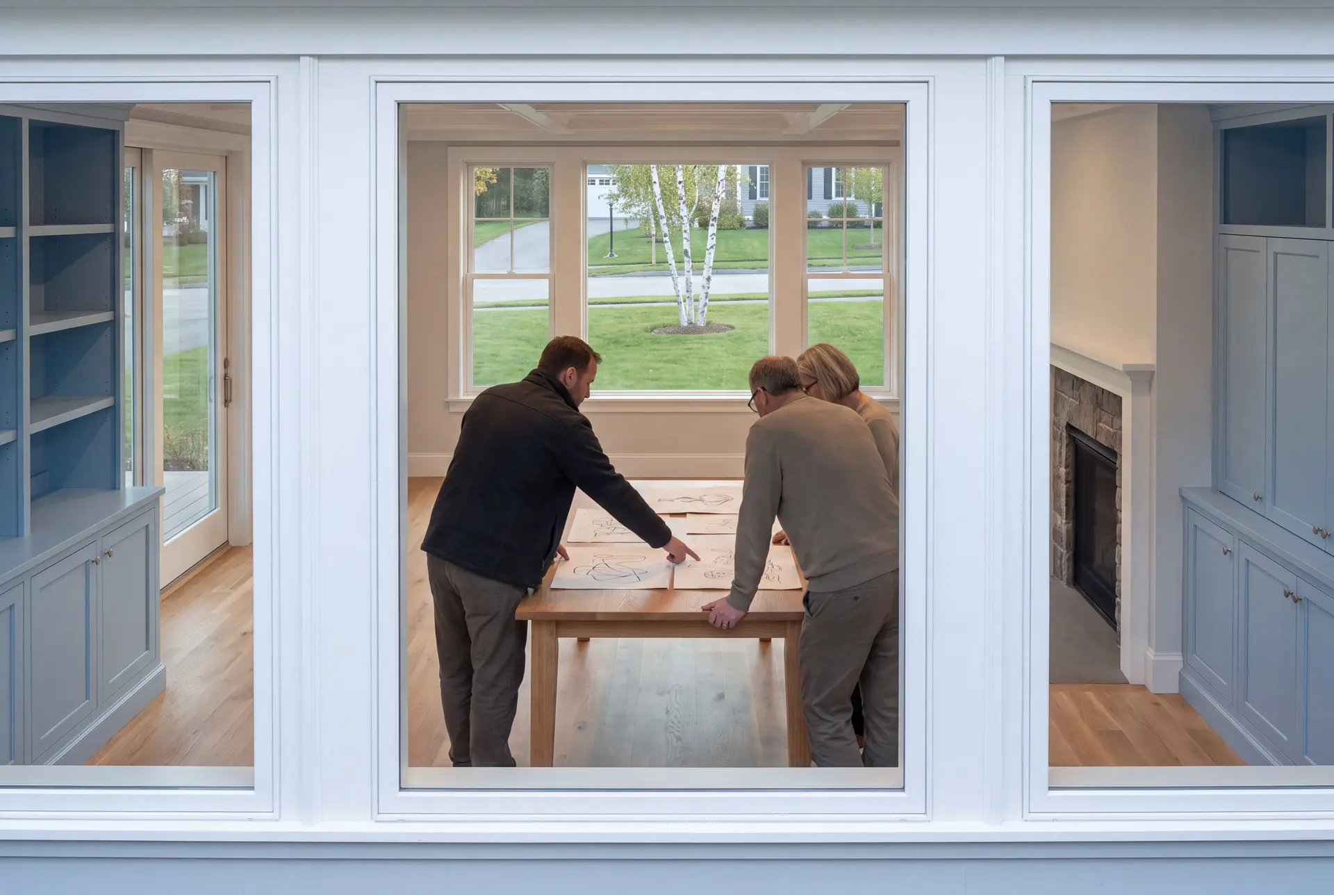 Illustration: Three people, seen from behind, reviewing drawings on a table in a finished living room with blue cabinets and oak floors