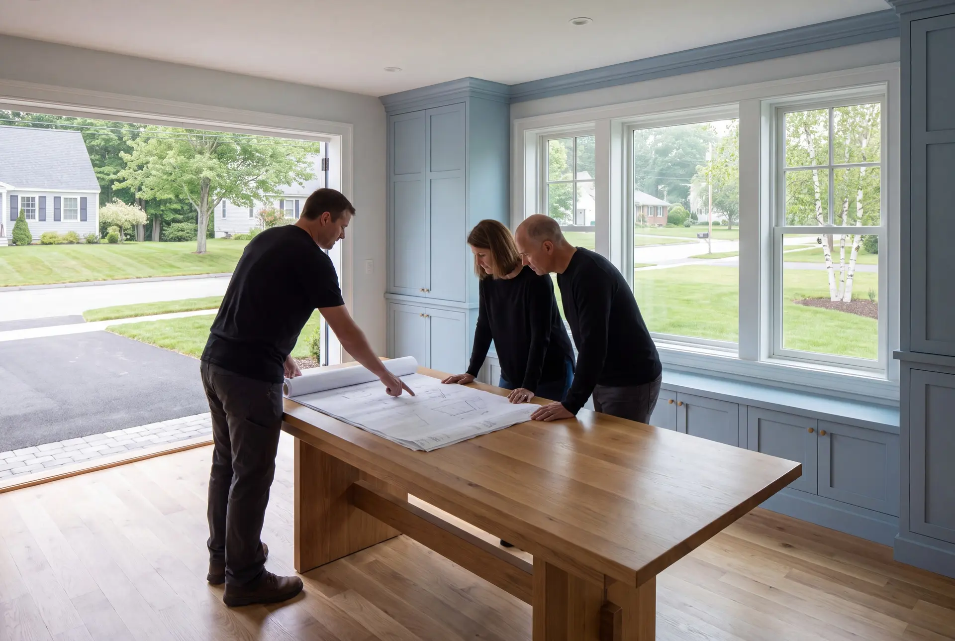 Illustration: Three people, a builder and two homeowners, reviewing blueprints on an oak table in a finished living room with light blue cabinetry and oak floors