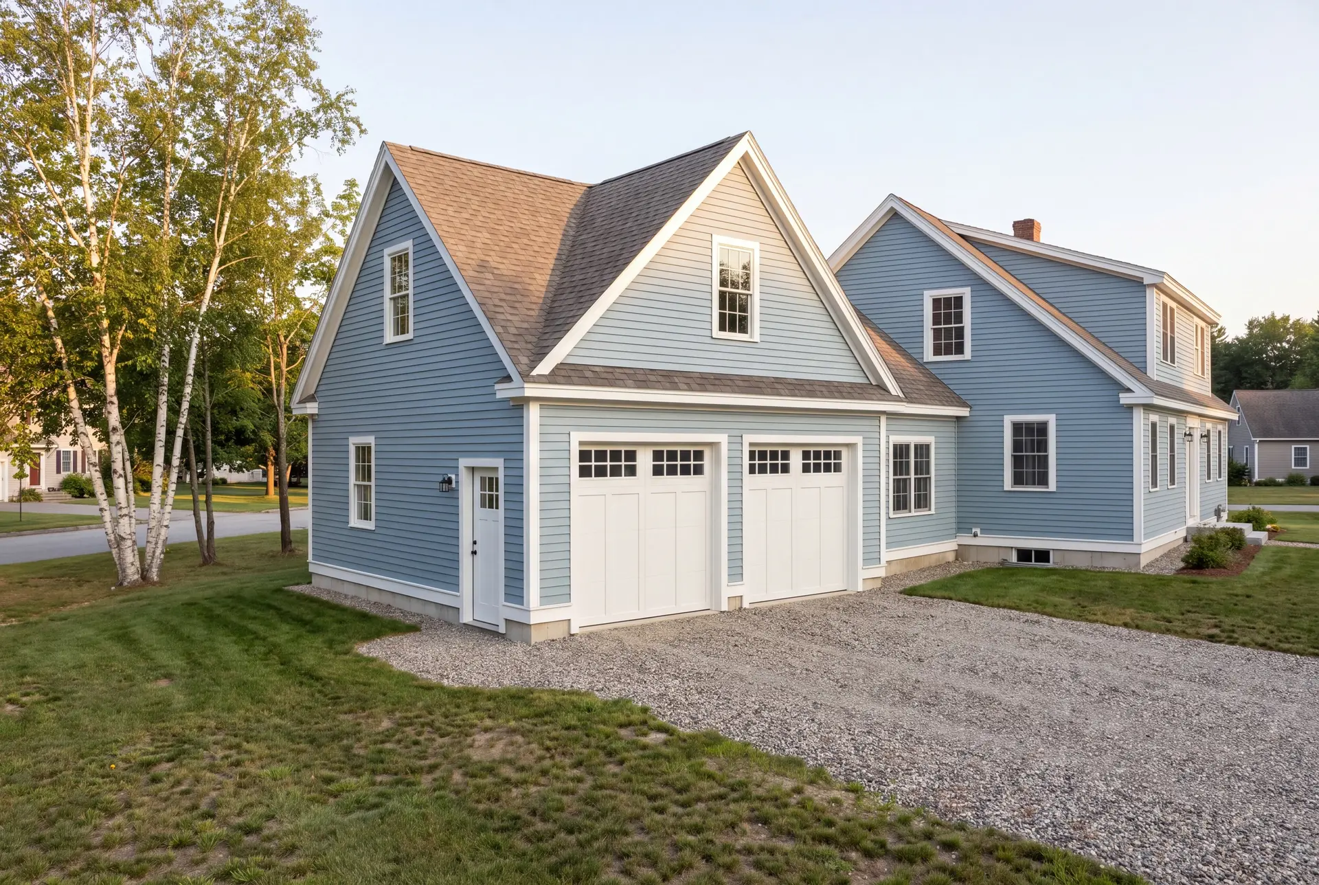 Illustration: A newly built light blue house with an attached two-car garage, featuring white doors and trim, a brown roof, and a gravel driveway