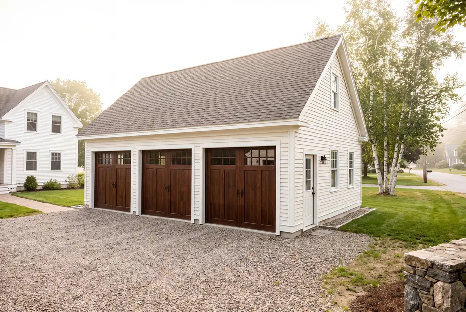 Illustration: A newly constructed white three-bay garage with dark brown doors and a gravel driveway, next to a white house