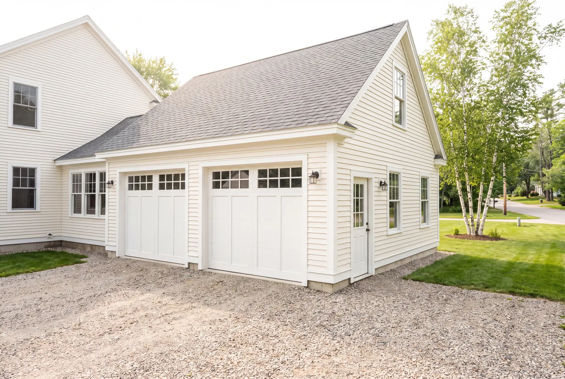 Illustration: A newly built two-bay white clapboard garage with two carriage-style doors and a gravel driveway, next to a house and green lawn