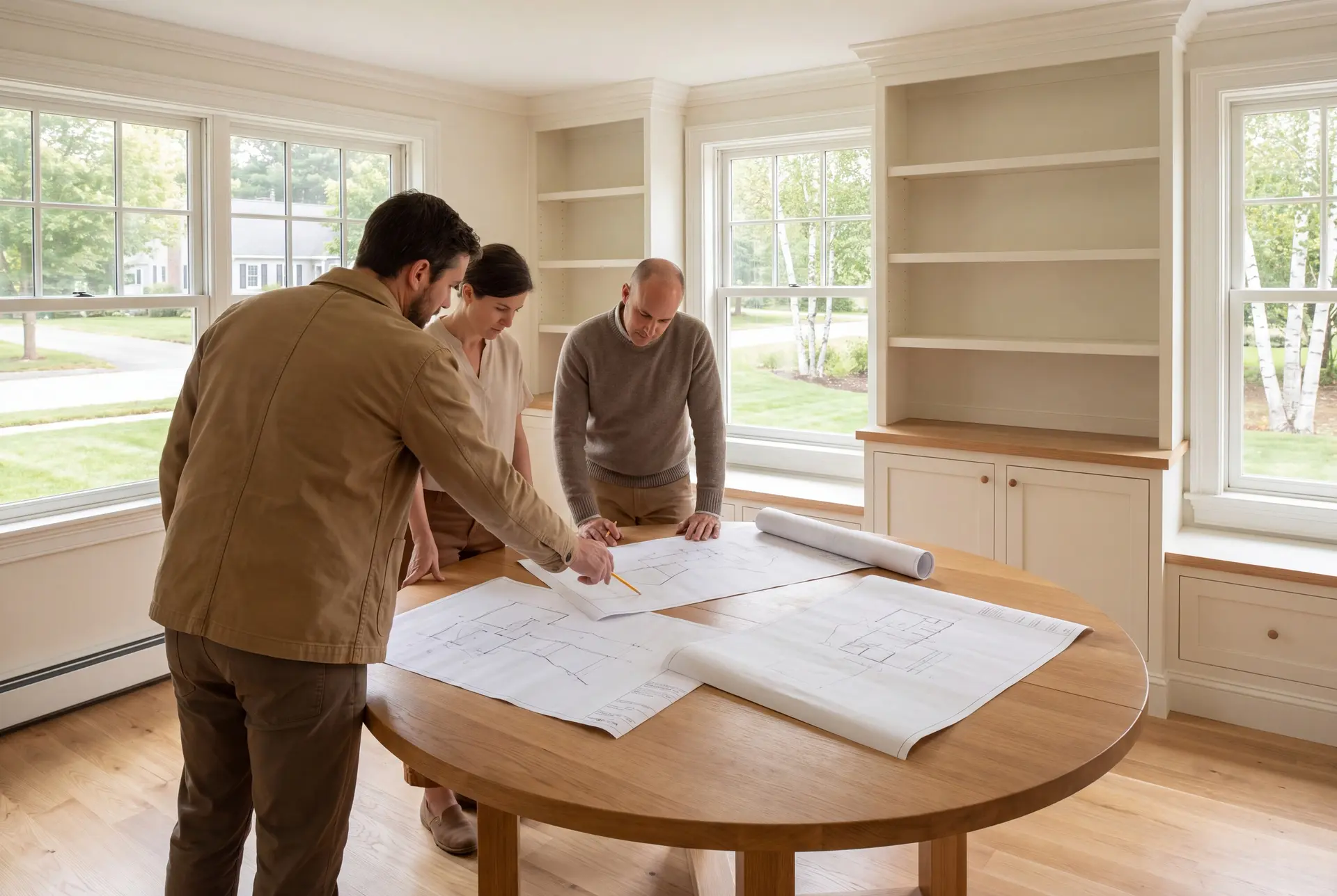 Illustration: Three people, a builder and two homeowners, review architectural drawings on a round oak table in a bright, finished living room with white built-in cabinetry and oak floors