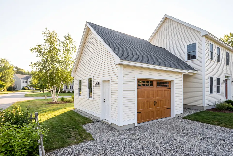Illustration: A newly built, detached, single-bay garage with warm white clapboard siding and a dark gray shingled roof, next to a matching house, with a gravel driveway