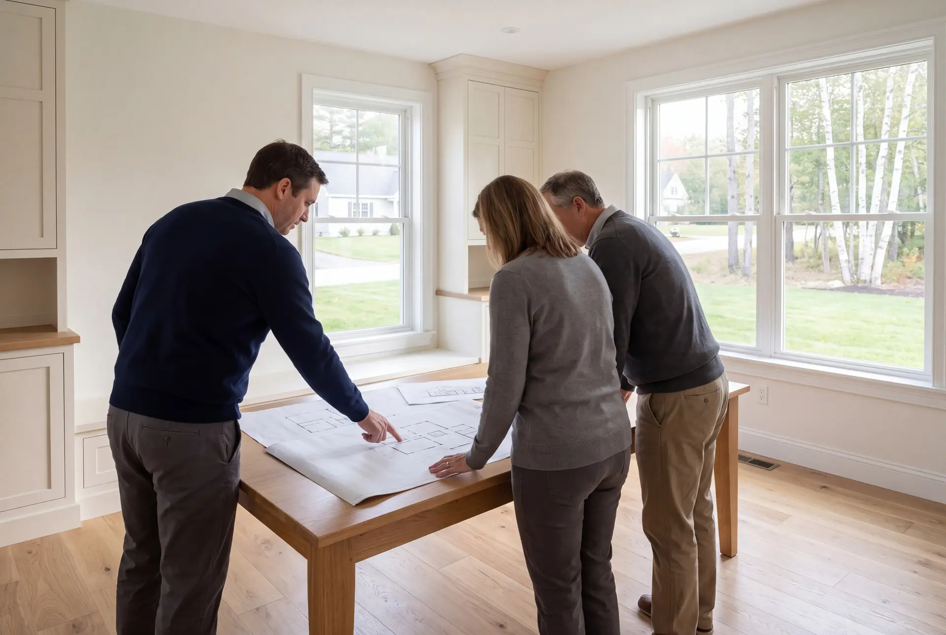 Illustration: Three people, a builder and two homeowners, review floor plans on a table in a finished living room