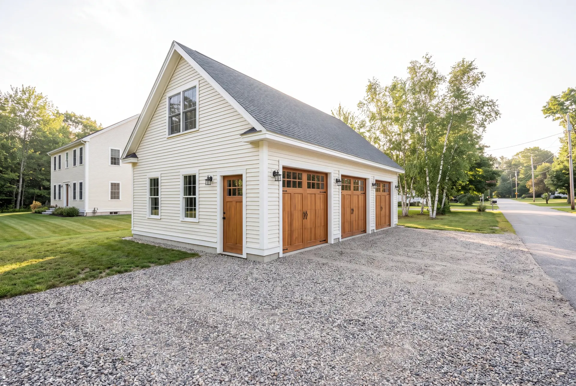 Illustration: A newly built, detached three-bay garage with warm white siding and wooden doors, next to a house with a gravel driveway