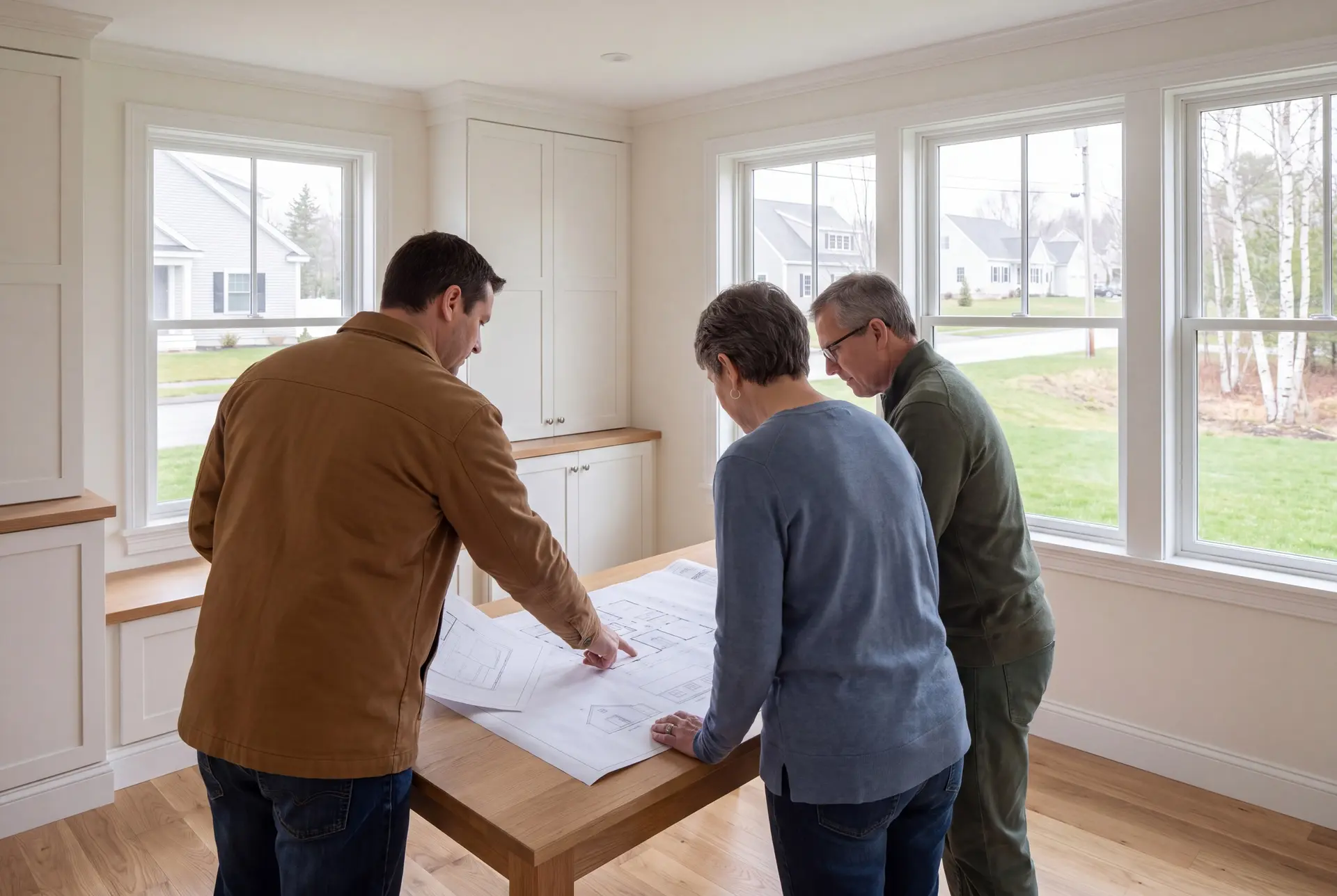 Illustration: Three people, a builder and two homeowners, review architectural drawings on a table in a finished living room with oak floors and white cabinetry