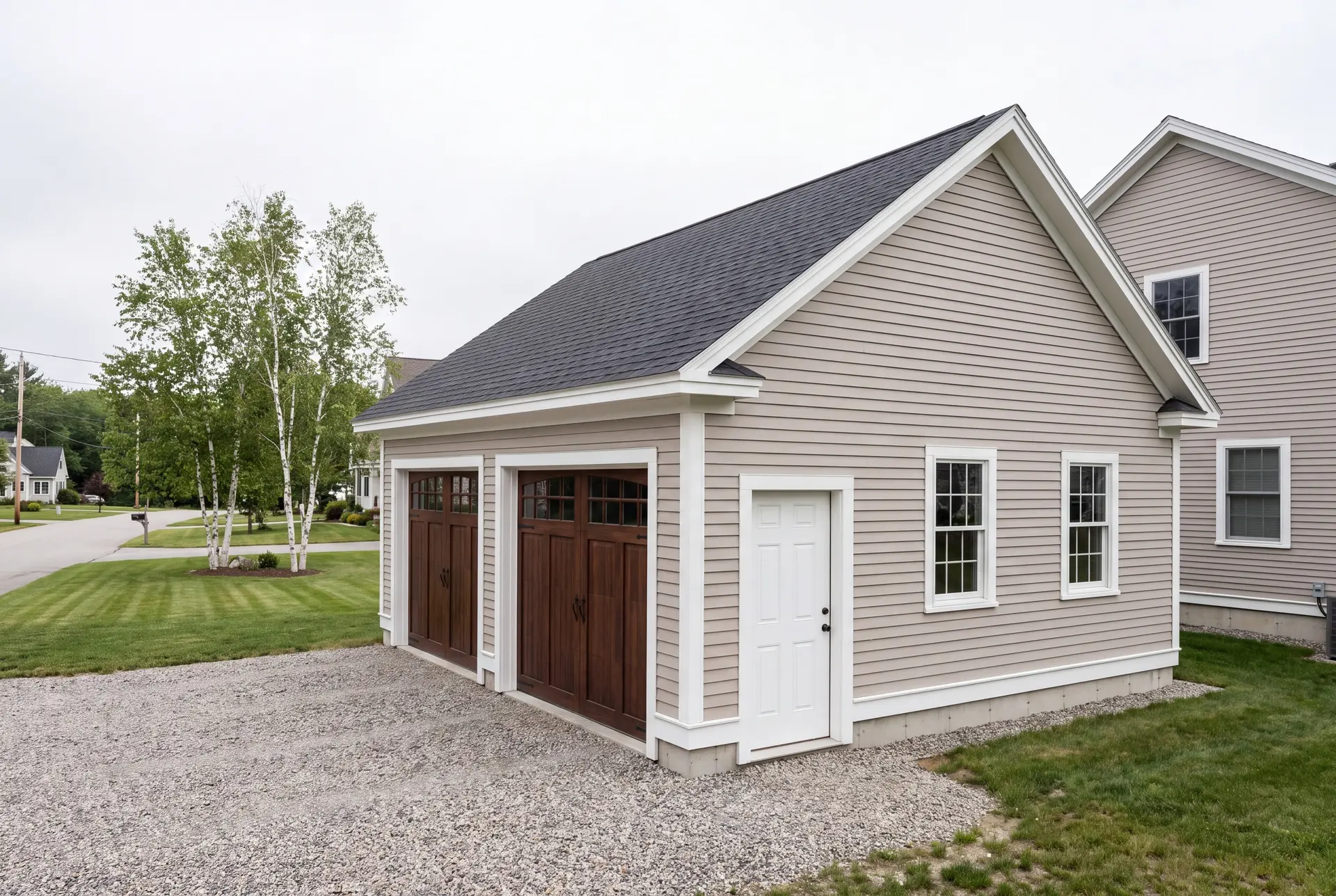 Illustration: A newly built two-bay garage with light beige siding and dark brown doors, next to a house, with a gravel driveway and green lawn