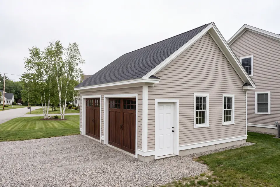 Illustration: A newly built two-bay garage with light beige siding and dark brown doors, next to a house, with a gravel driveway and green lawn