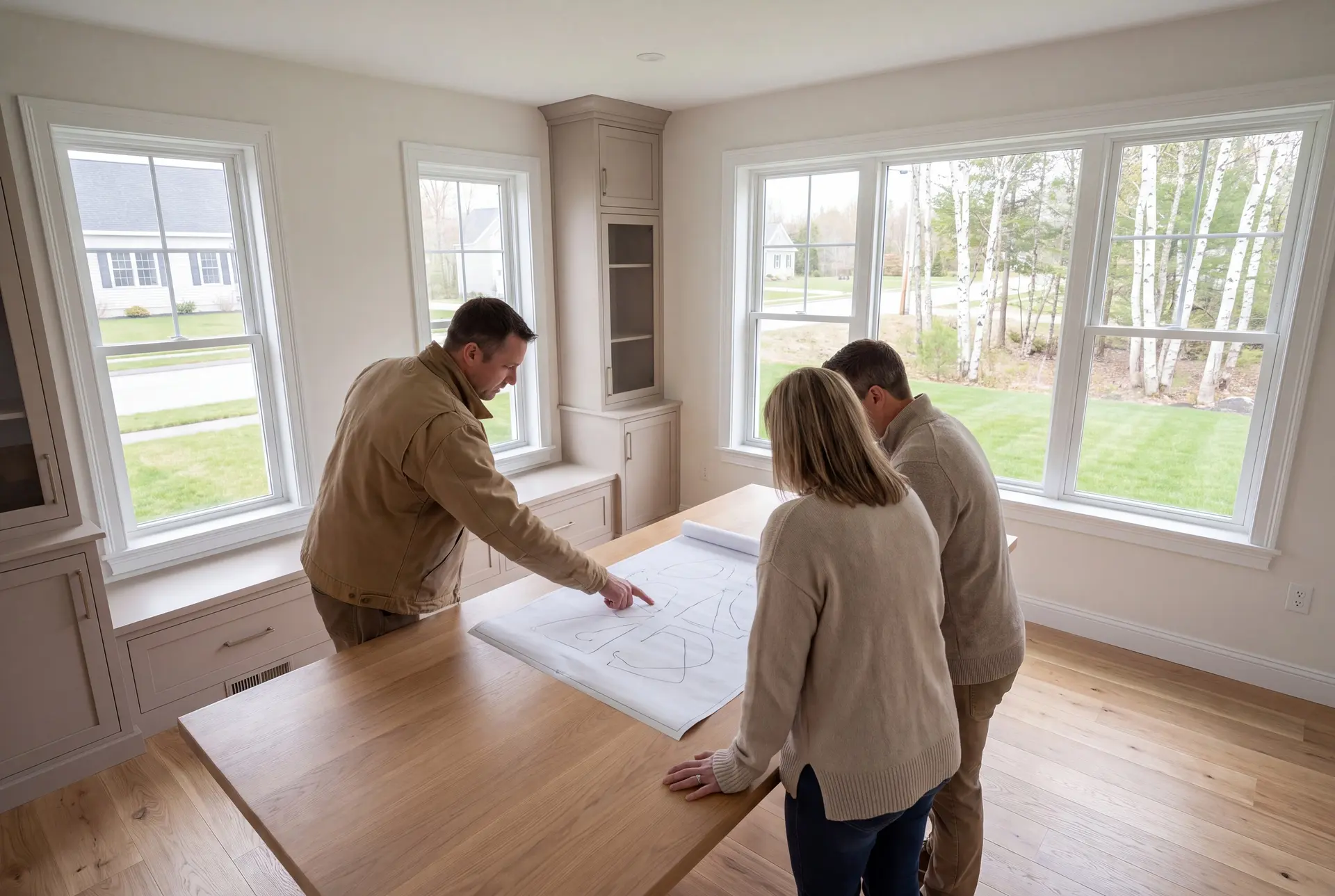Illustration: Three people, a builder and two homeowners, reviewing abstract floor plans on an oak table in a finished living room with mushroom cabinetry, white-trimmed windows, and oak floors