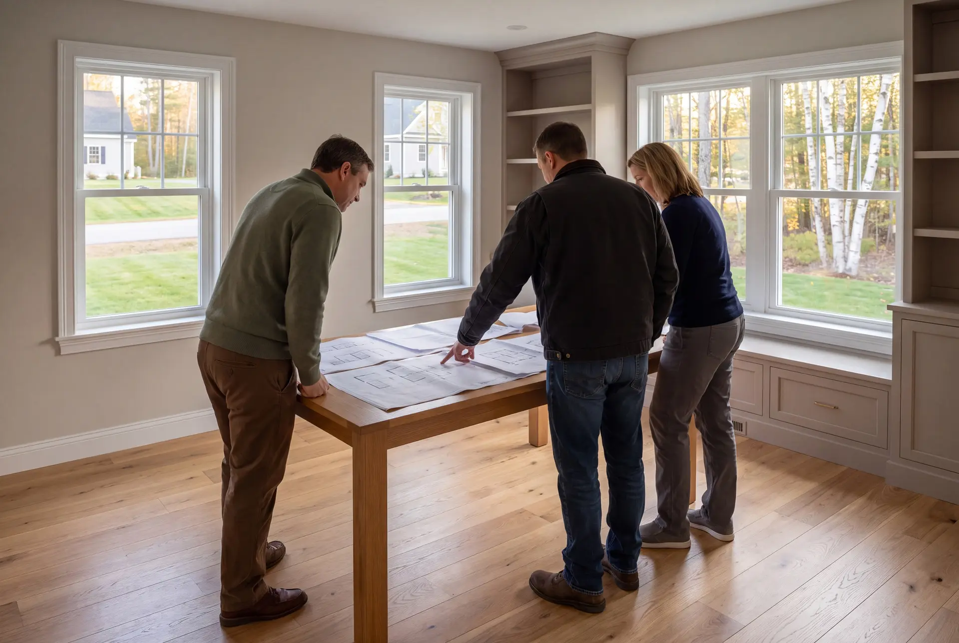 Illustration: Three people, a builder and two homeowners, are gathered around a table in a new living room, looking at architectural drawings