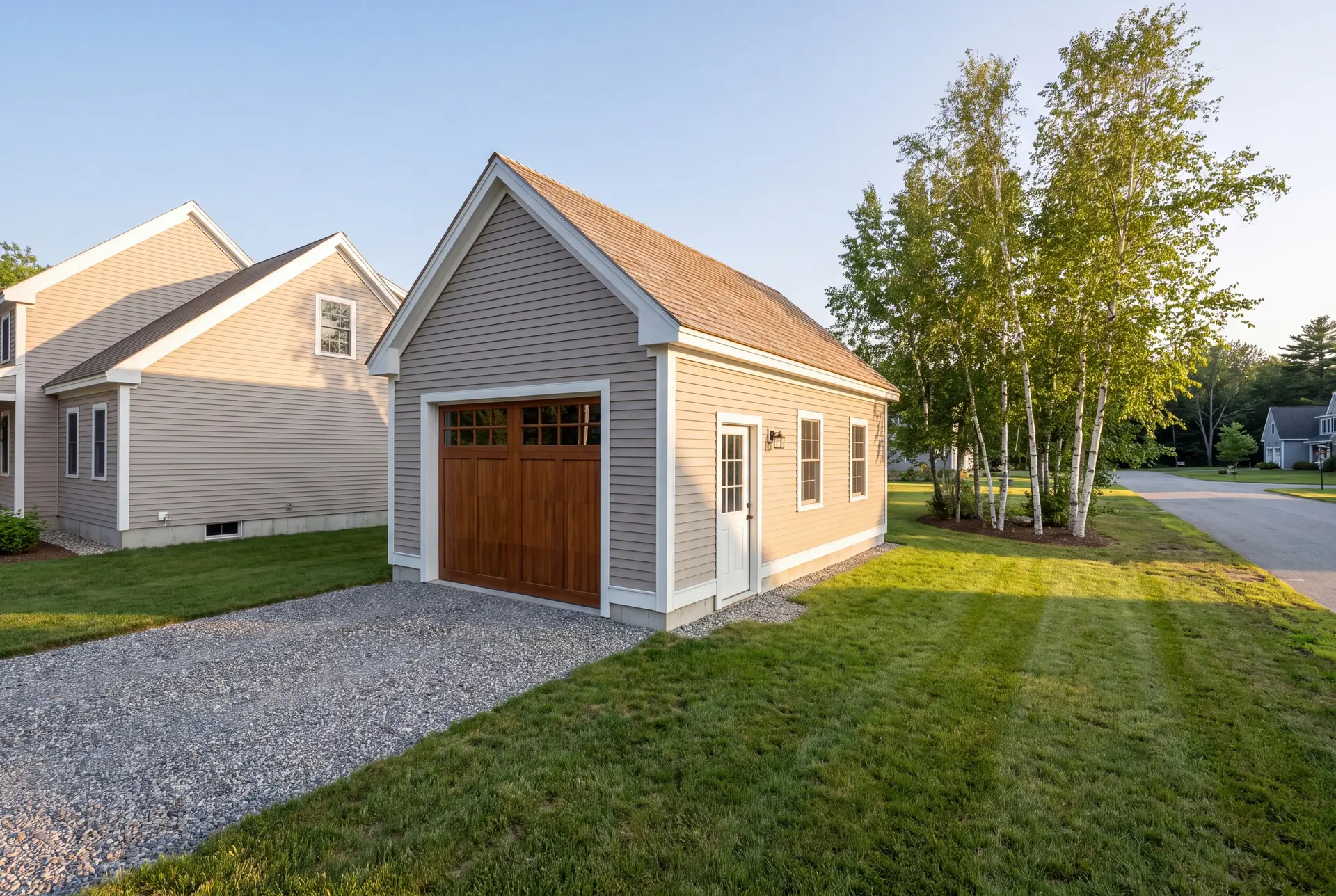 Illustration: A newly built detached single-bay garage with mushroom-colored siding and a wooden carriage-style door, next to a house and a gravel driveway
