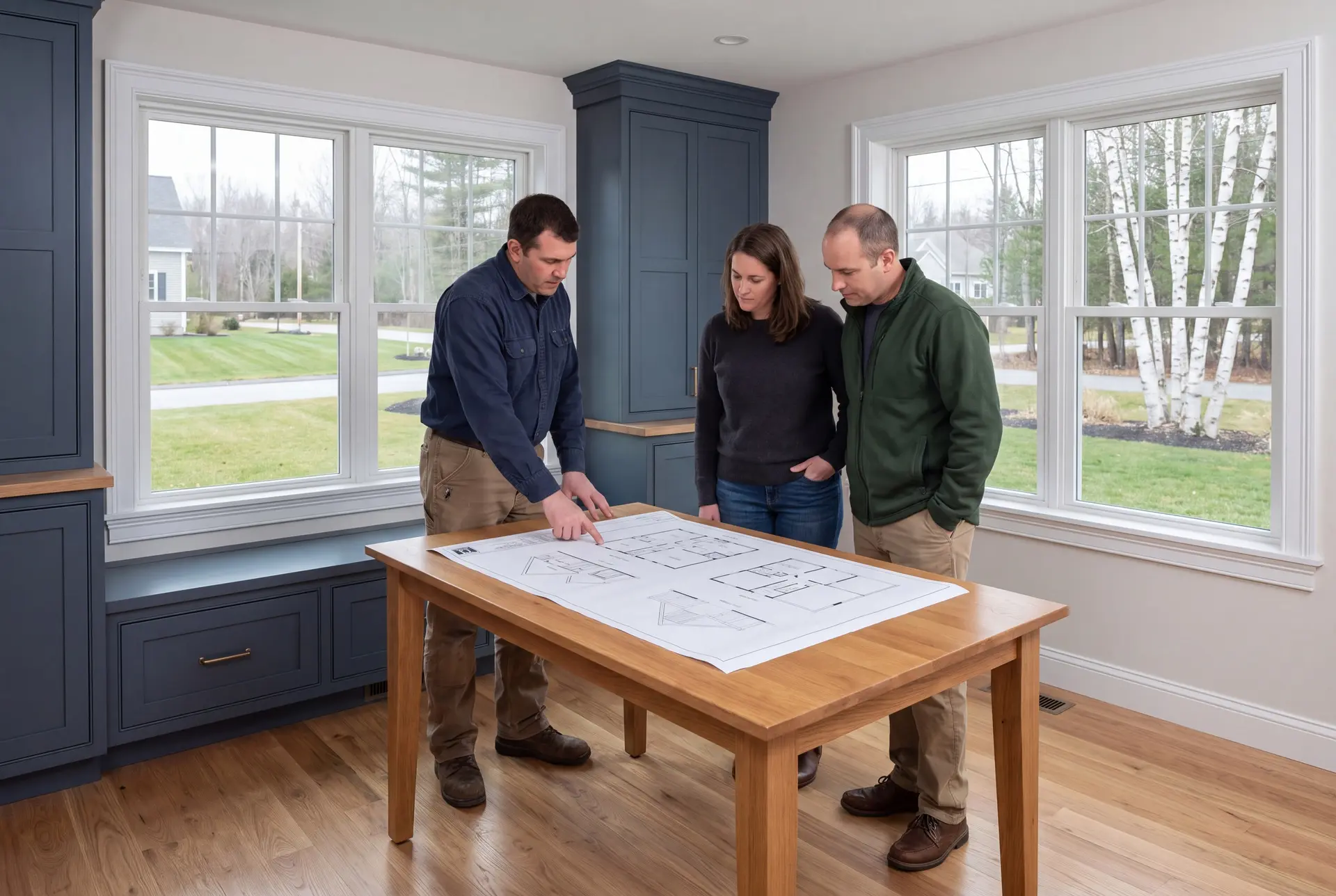 Illustration: Three people, a builder and two homeowners, reviewing architectural drawings on a table in a finished living room with blue cabinets and oak floors