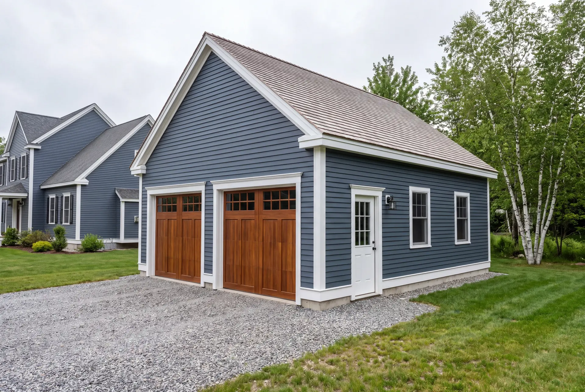 Illustration: A newly built, detached two-bay garage with blue siding and wooden garage doors next to a house