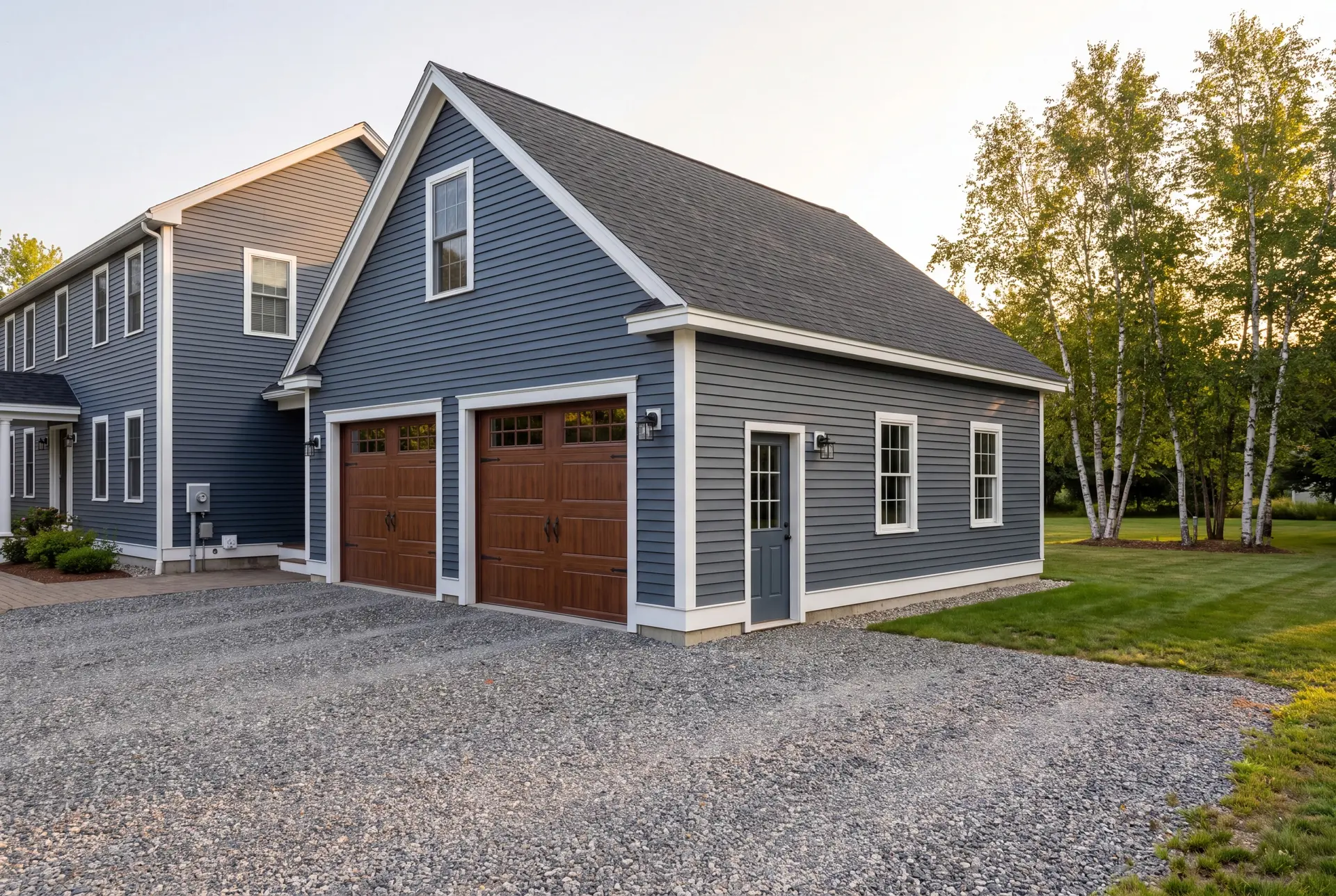 Illustration: A newly built two-car garage with blue siding and brown doors sits next to a house, with a gravel driveway and green lawn