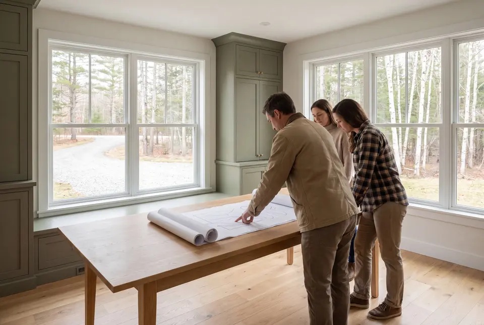 Illustration: Three people, a man and two women, stand around a wooden table in a bright room with large windows, looking at architectural drawings