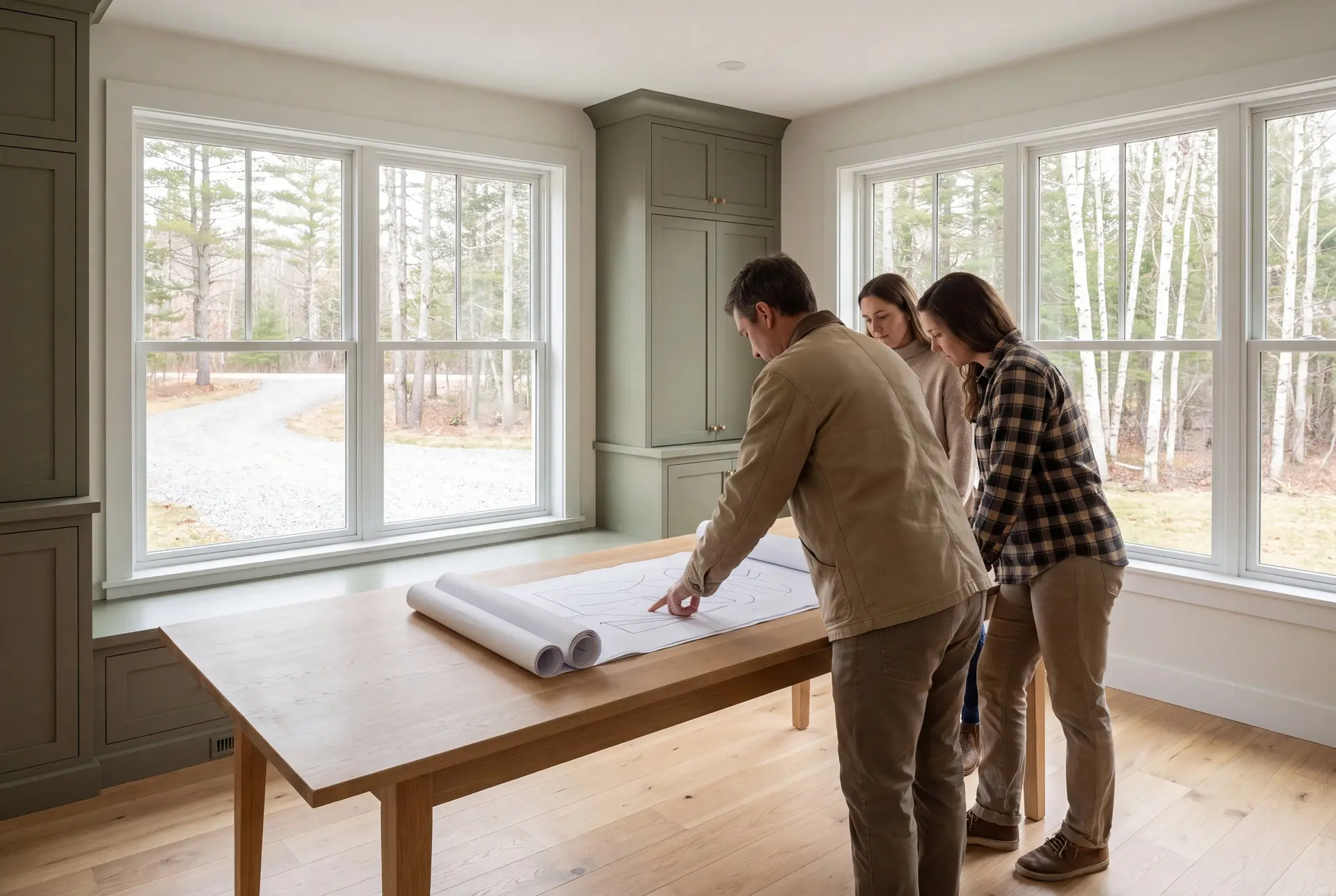 Illustration: Three people, a man and two women, stand around a wooden table in a bright room with large windows, looking at architectural drawings