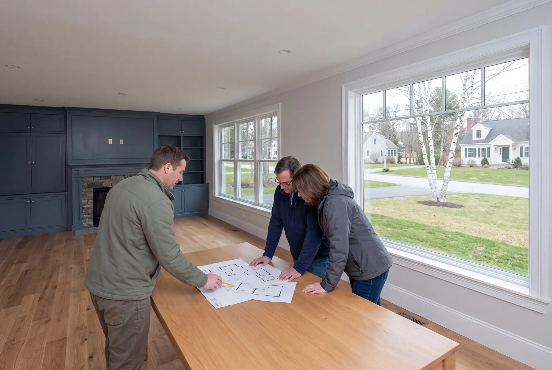 Illustration: Three adults, a builder and two homeowners, reviewing architectural drawings on an oak table in a finished living room with blue cabinetry and oak floors