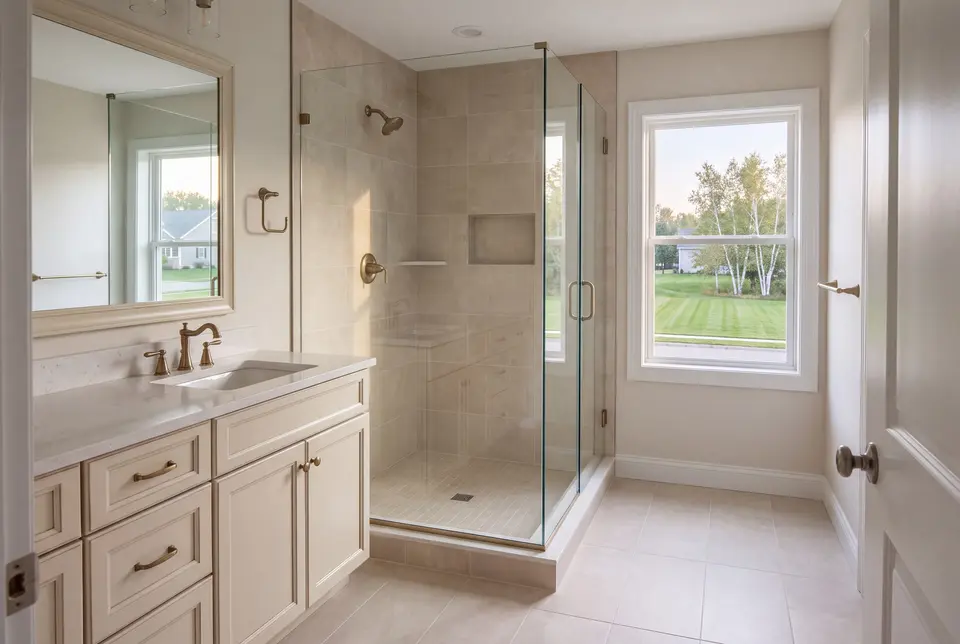Illustration: A newly finished bathroom featuring an ivory wood vanity with a quartz top, a glass shower enclosure with brass fixtures, and light-colored porcelain tiles on the floor and shower walls