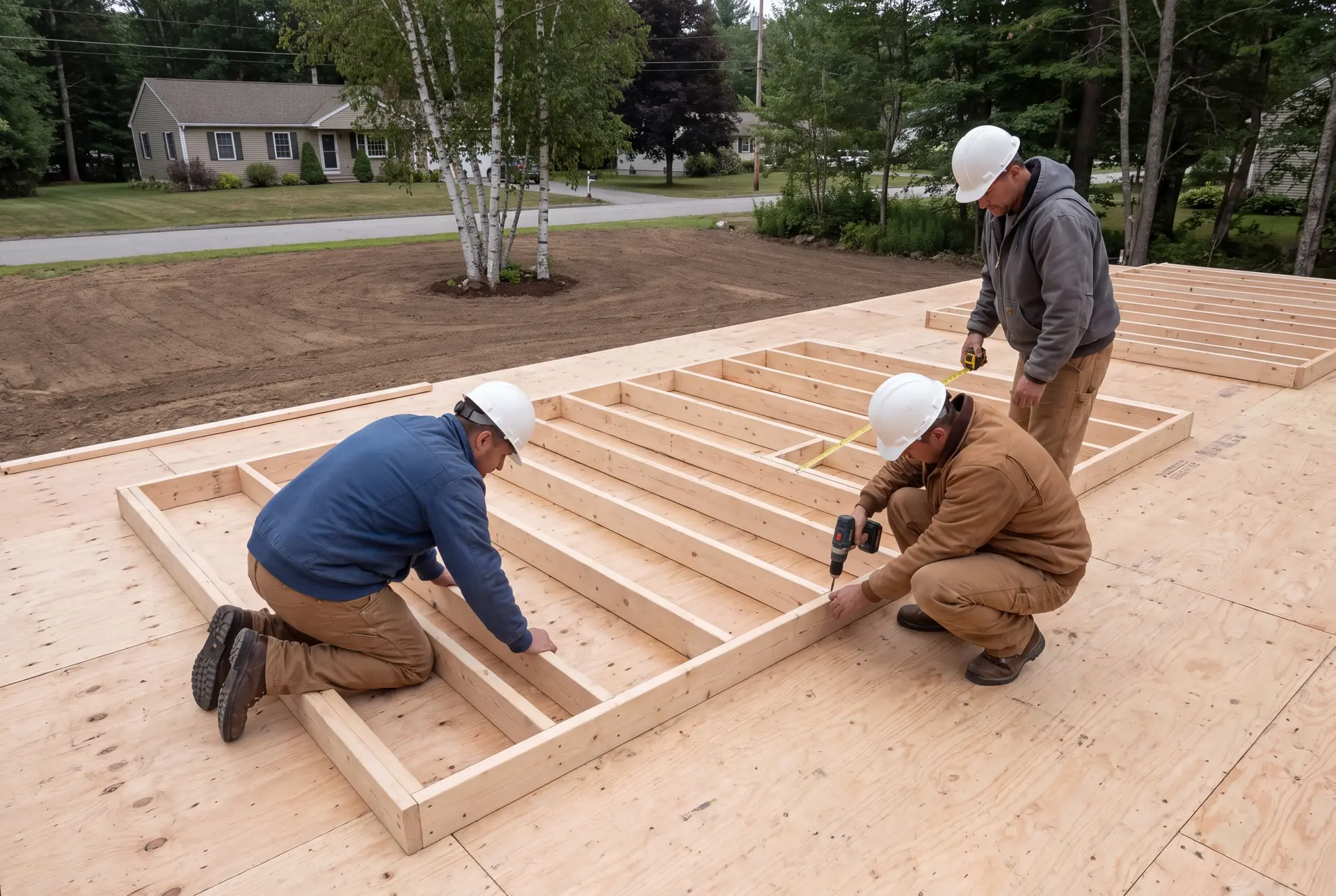 Illustration: Three construction workers in hard hats and work clothes are assembling a wooden wall frame on a plywood subfloor